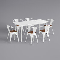 Lancaster Table & Seating Alloy Series 32" x 63" White Standard Height Indoor Table and 6 Arm Chairs with Walnut Wood Seats