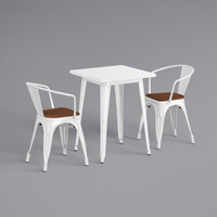 Lancaster Table & Seating Alloy Series 24" x 24" White Standard Height Indoor Table and 2 Arm Chairs with Walnut Wood Seats