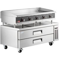 Cooking Performance Group 60N Ultra Series 60" Chrome Plated Natural Gas 5-Burner Countertop Griddle and 2 Drawer Refrigerated Base - 150,000 BTU