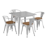 Lancaster Table & Seating Alloy Series 36" x 36" Silver Standard Height Indoor Table and 4 Arm Chairs with Walnut Wood Seats