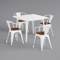 Lancaster Table & Seating Alloy Series 36" x 36" White Standard Height Indoor Table and 4 Arm Chairs with Walnut Wood Seats