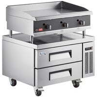 Cooking Performance Group 36L Ultra Series 36 inch Chrome Plated Liquid Propane 3-Burner Countertop Griddle and 36 inch, 2 Drawer Refrigerated Base - 90,000 BTU