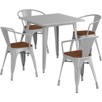 Lancaster Table & Seating Alloy Series 32" x 32" Silver Standard Height Indoor Table and 4 Arm Chairs with Walnut Wood Seats