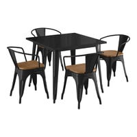 Lancaster Table & Seating Alloy Series 36" x 36" Black Standard Height Indoor Table and 4 Arm Chairs with Walnut Wood Seats