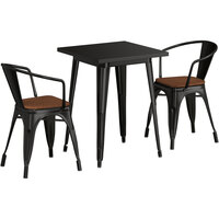 Lancaster Table & Seating Alloy Series 24" x 24" Black Standard Height Indoor Table and 2 Arm Chairs with Walnut Wood Seats
