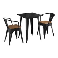 Lancaster Table & Seating Alloy Series 24" x 24" Onyx Black Standard Height Indoor Table and 2 Arm Chairs with Walnut Wood Seats