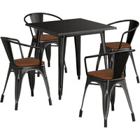 Lancaster Table & Seating Alloy Series 32 inch x 32 inch Distressed Black Dining Height Table with 4 Arm Chairs and Walnut Wooden Seats