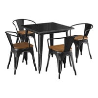 Lancaster Table & Seating Alloy Series 32" x 32" Distressed Onyx Black Standard Height Indoor Table and 4 Arm Chairs with Walnut Wood Seats