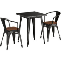 Lancaster Table & Seating Alloy Series 24" x 24" Distressed Black Standard Height Indoor Table and 2 Arm Chairs with Walnut Wood Seats