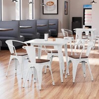 Lancaster Table & Seating Alloy Series 32 inch x 32 inch White Dining Height Table with 4 Arm Chairs and Walnut Wooden Seats