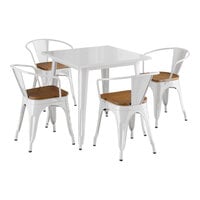 Lancaster Table & Seating Alloy Series 32" x 32" White Standard Height Indoor Table and 4 Arm Chairs with Walnut Wood Seats