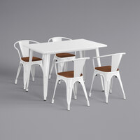 Lancaster Table & Seating Alloy Series 30" x 48" White Standard Height Indoor Table and 4 Arm Chairs with Walnut Wood Seats