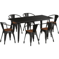 Lancaster Table & Seating Alloy Series 63 inch x 32 inch Black Dining Height Table with 6 Arm Chairs and Walnut Wooden Seats