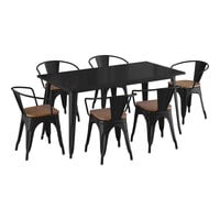 Lancaster Table & Seating Alloy Series 32" x 63" Black Standard Height Indoor Table and 6 Arm Chairs with Walnut Wood Seats