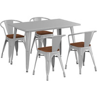 Lancaster Table & Seating Alloy Series 30" x 48" Silver Standard Height Indoor Table and 4 Arm Chairs with Walnut Wood Seats