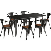 Lancaster Table & Seating Alloy Series 32" x 63" Distressed Black Standard Height Indoor Table and 6 Arm Chairs with Walnut Wood Seats