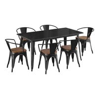 Lancaster Table & Seating Alloy Series 32" x 63" Distressed Onyx Black Standard Height Indoor Table and 6 Arm Chairs with Walnut Wood Seats