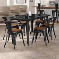 Lancaster Table & Seating Alloy Series 32 inch x 63 inch Distressed Onyx Black Standard Height Indoor Table and 6 Arm Chairs with Walnut Wood Seats