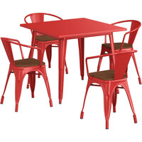 Lancaster Table & Seating Alloy Series 36 inch x 36 inch Red Dining Height Table with 4 Arm Chairs and Walnut Wooden Seats