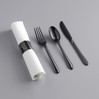 Hoffmaster 119990 CaterWrap 17 inch x 17 inch Pre-Rolled Mystic Linen-Like White Napkin and Black Plastic Cutlery Set - 200/Case