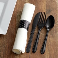 Hoffmaster 119990 CaterWrap 17 inch x 17 inch Pre-Rolled Mystic Linen-Like White Napkin and Black Plastic Cutlery Set - 200/Case