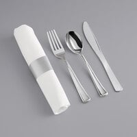 Hoffmaster 119956 CaterWrap 17 inch x 17 inch Pre-Rolled Linen-Like White Napkin and Metallic Silver Heavy Weight Plastic Cutlery Set - 100/Case