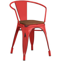 Lancaster Table & Seating Alloy Series Distressed Red Metal Industrial Cafe Arm Chair with Vertical Slat Back and Walnut Wooden Seat