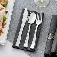 Hoffmaster 119987 CaterWrap 15 1/2 inch x 15 1/2 inch FashnPoint Pre-Rolled Black Napkin and Metallic Silver Heavy Weight Cutlery Set - 100/Case