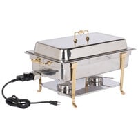 Vollrath 46045 9 Qt. Classic Brass Trim Chafer Full Size Electric 120V-Receptacle on Short Side