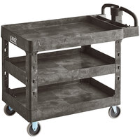 Lavex Industrial Large Black 3-Shelf Utility Cart with Ergonomic Handle and Built-In Tool Compartments - 43 1/8 inch x 24 5/8 inch x 38 1/8 inch