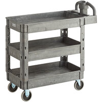 Lavex Industrial Medium Gray 3-Shelf Utility Cart with Ergonomic Handle and Built-In Tool Compartments - 37 5/8" x 17 1/8" x 38 7/8"