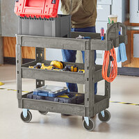 Lavex Industrial Medium Gray 3-Shelf Utility Cart with Ergonomic Handle and Built-In Tool Compartments - 37 5/8 inch x 17 1/8 inch x 38 7/8 inch
