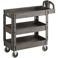 Lavex Industrial Medium Black 3-Shelf Utility Cart with Ergonomic Handle and Built-In Tool Compartments - 37 5/8" x 17 1/8" x 38 7/8"