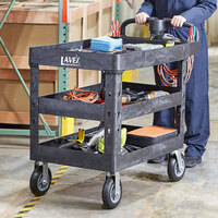 Lavex Industrial Large Black 3-Shelf Utility Cart with Ergonomic Handle, Built-In Tool Compartments, and Oversized Wheels
