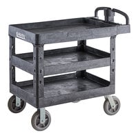 Lavex Large Black 3-Shelf Utility Cart with Ergonomic Handle, Built-In Tool Compartments, and Oversized Wheels