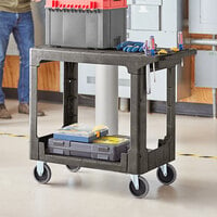 Lavex Industrial Medium Black 2-Shelf Utility Cart with Flat Top and Built-In Tool Compartment - 38 inch x 18 3/4 inch x 32 1/4 inch