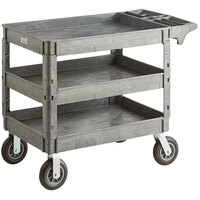 Lavex Industrial Large Gray 3-Shelf Utility Cart with Premium Handle, Built-In Tool Compartments, and Oversized Wheels - 46 3/4" x 25 1/2" x 33 1/2"