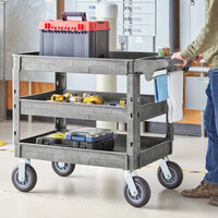 Lavex Industrial Large Gray 3-Shelf Utility Cart with Premium Handle, Built-In Tool Compartments, and Oversized Wheels - 46 3/4 inch x 25 1/2 inch x 33 1/2 inch