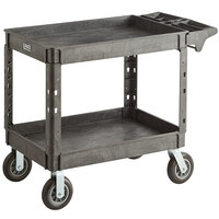 Lavex Industrial Large Black 2-Shelf Utility Cart with Premium Handle, Built-In Tool Compartments, and Oversized Wheels - 46 3/4" x 25 1/2" x 33 1/2"