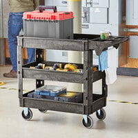 Lavex Industrial Medium Black 3-Shelf Utility Cart with Premium Handle and Built-In Tool Compartments - 40 11/16 inch x 16 7/8 inch x 33 1/2 inch