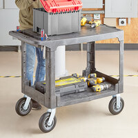 Lavex Industrial Large Gray 2-Shelf Utility Cart with Flat Top, Built-In Tool Compartment, and Oversized Wheels