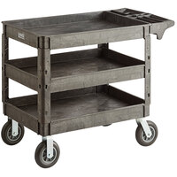 Lavex Industrial Large Black 3-Shelf Utility Cart with Premium Handle, Built-In Tool Compartments, and Oversized Wheels - 46 3/4 inch x 25 1/2 inch x 33 1/2 inch
