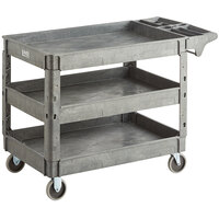 Lavex Industrial Large Gray 3-Shelf Utility Cart with Premium Handle and Built-In Tool Compartments - 46 3/4" x 25 1/2" x 33 1/2"