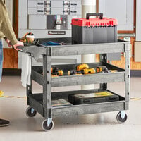 Lavex Industrial Large Gray 3-Shelf Utility Cart with Premium Handle and Built-In Tool Compartments - 46 3/4 inch x 25 1/2 inch x 33 1/2 inch