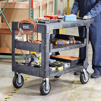 Lavex Industrial Large Black 3-Shelf Utility Cart with Flat Top, Built-In Tool Compartment, and Oversized Wheels