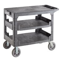 Lavex Large Black 3-Shelf Utility Cart with Flat Top, Built-In Tool Compartment, and Oversized Wheels
