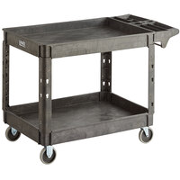 Lavex Industrial Large Black 2-Shelf Utility Cart with Premium Handle and Built-In Tool Compartments - 46 3/4 inch x 25 1/2 inch x 33 1/2 inch