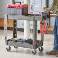 Lavex Industrial Medium Gray 2-Shelf Utility Cart with Ergonomic Handle and Built-In Tool Compartments - 37 5/8 inch x 17 1/8 inch x 38 7/8 inch