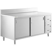 Regency 30 inch x 72 inch 16 Gauge Type 304 Stainless Steel Enclosed Base Sliding Door Table with Drawers and 6 inch Backsplash