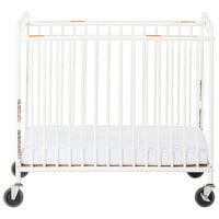 Foundations 2032097 Chelsea 24 inch x 38 inch White Compact Powder-Coated Steel Crib with Clearview End Panel, Oversized Casters, and 3 inch InfaPure Mattress